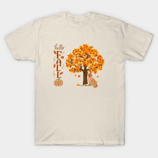 Golden Retriever Dog under Autumn Tree with Hello Fall Sign and Pumpkin T-Shirt